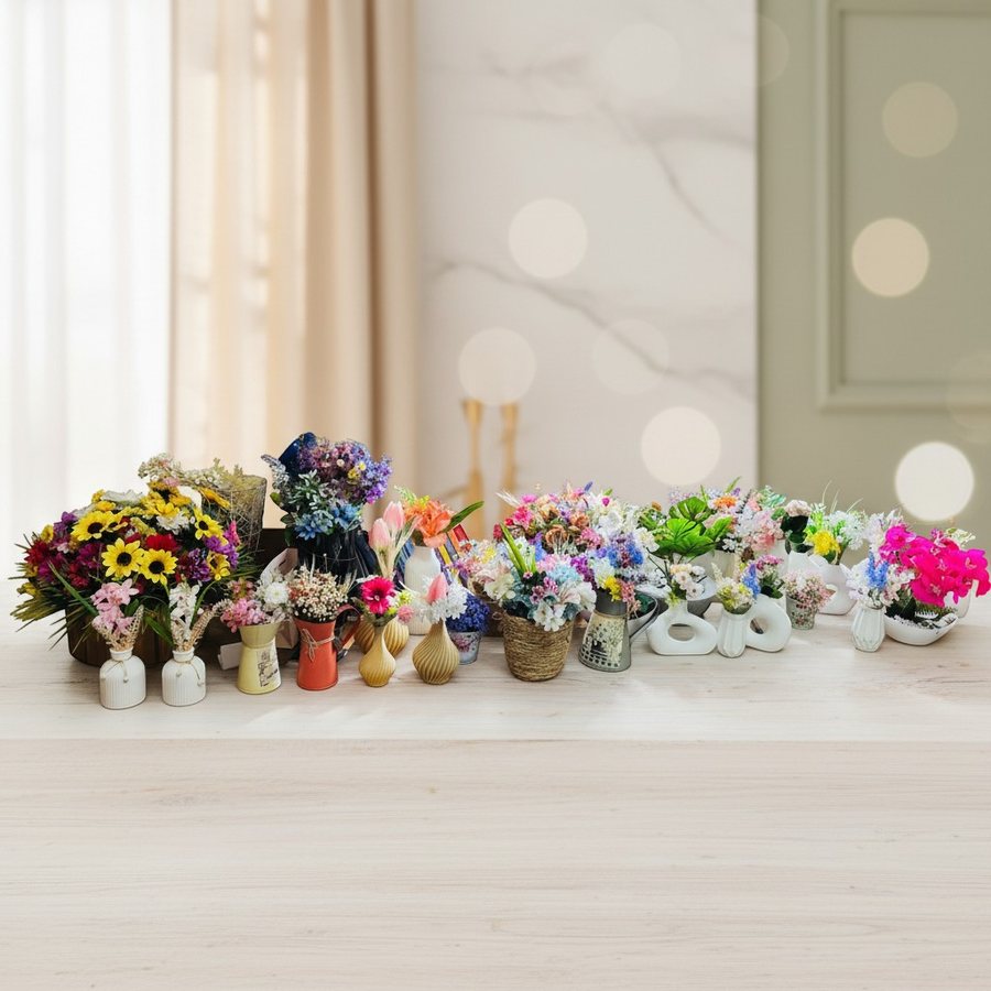 Mesa com toda a coleção de arranjos da Vó Eva